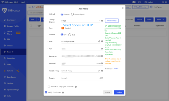 filling up proxy details in Bitbrowser