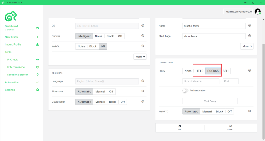kameleo proxies setting