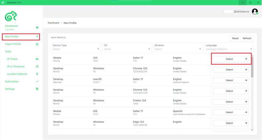 Kameleo browser profile setting