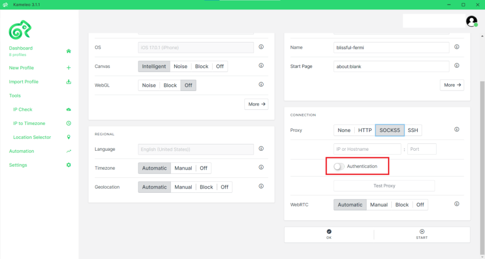 Kameleo proxies setting