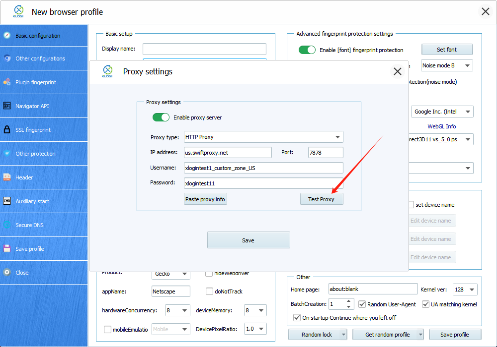 Test proxy in xlogin