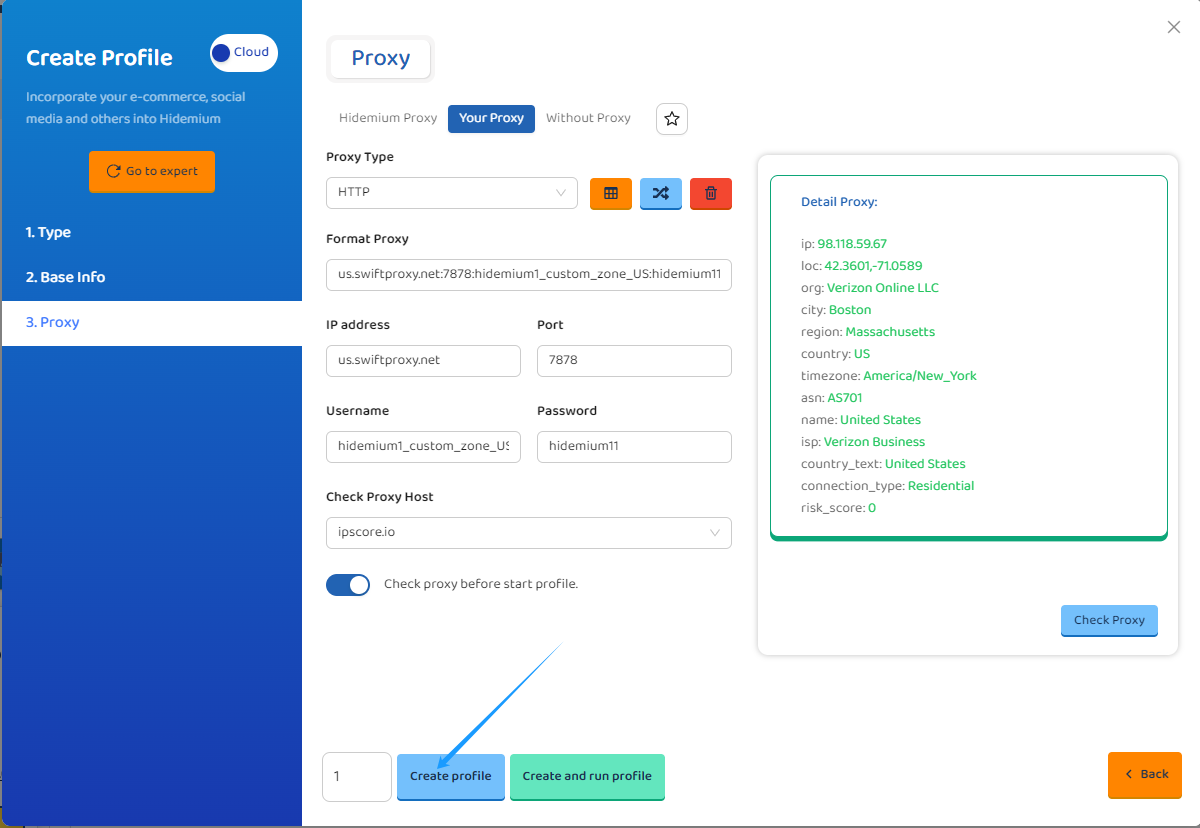 create profile in hidemium