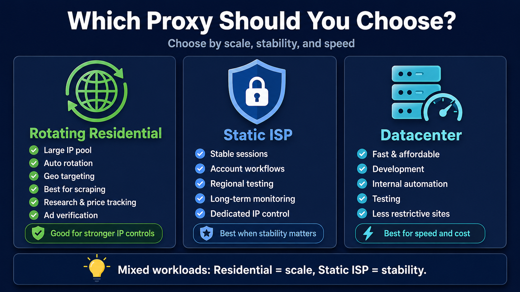 Proxy selection guide comparing rotating residential, static ISP, and datacenter proxies for scalability, stable sessions, speed, cost, and common use cases.