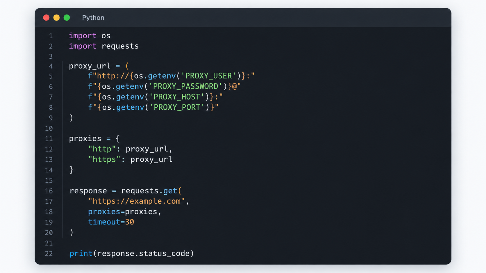 Configure a Python proxy securely with environment variables and test the connection using Requests.