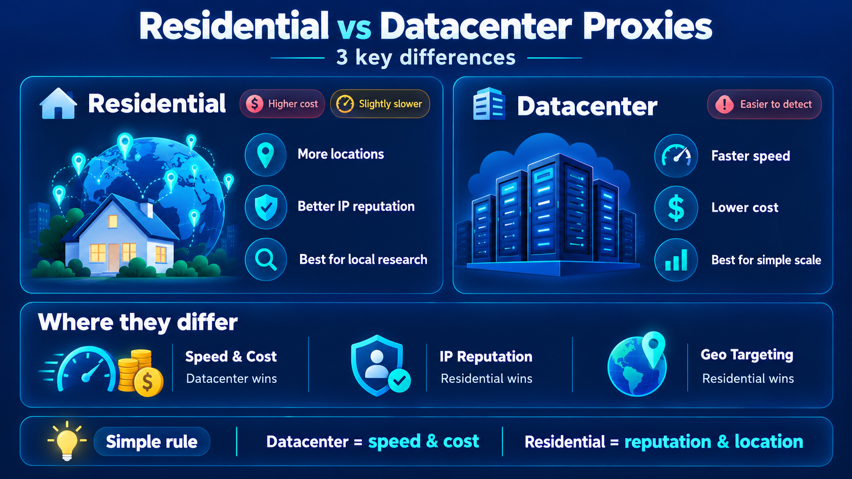 Residential proxies are better for IP reputation, geo-targeting, and local research, while datacenter proxies are typically faster, cheaper, and better suited to simple high-scale workloads.