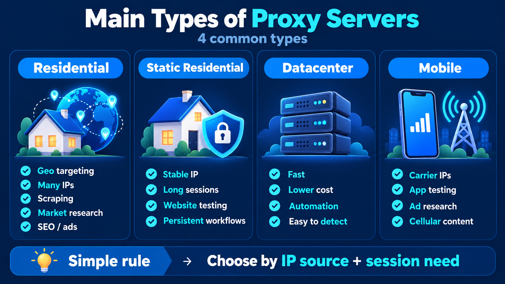 The four main proxy types are residential, static residential, datacenter, and mobile proxies—each suited to different IP sources, session lengths, performance needs, and testing workflows.